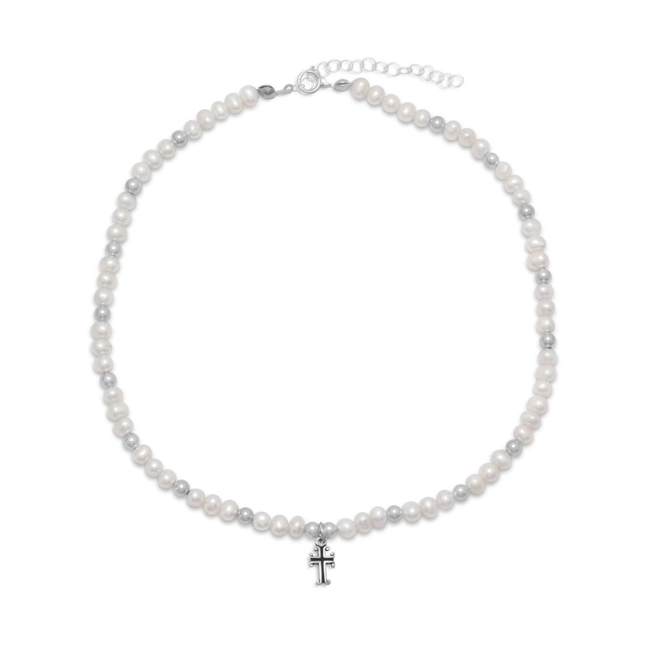 13" +2" Extension White Cultured Freshwater Pearl and Silver Bead Necklace with Cross Drop