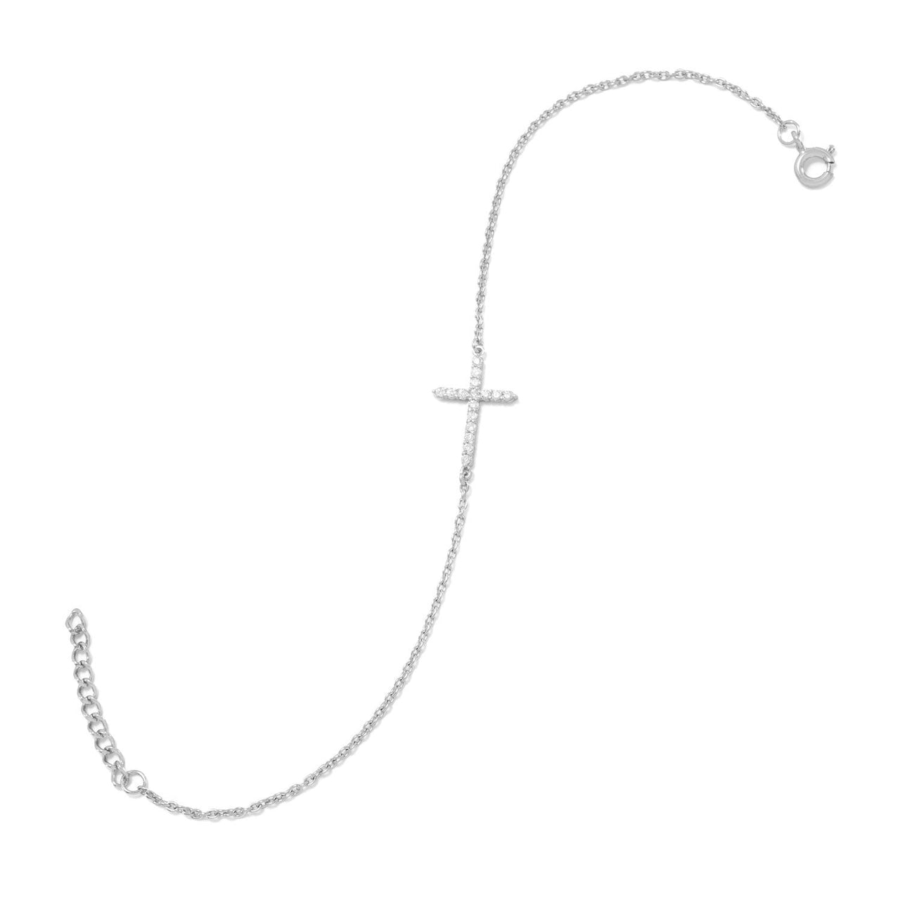 7" + 1" Rhodium Plated CZ Sideways Cross Bracelet
