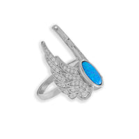 Thumbnail for Rhodium Plated CZ and Blue Synthetic Opal Angel Wings Ring