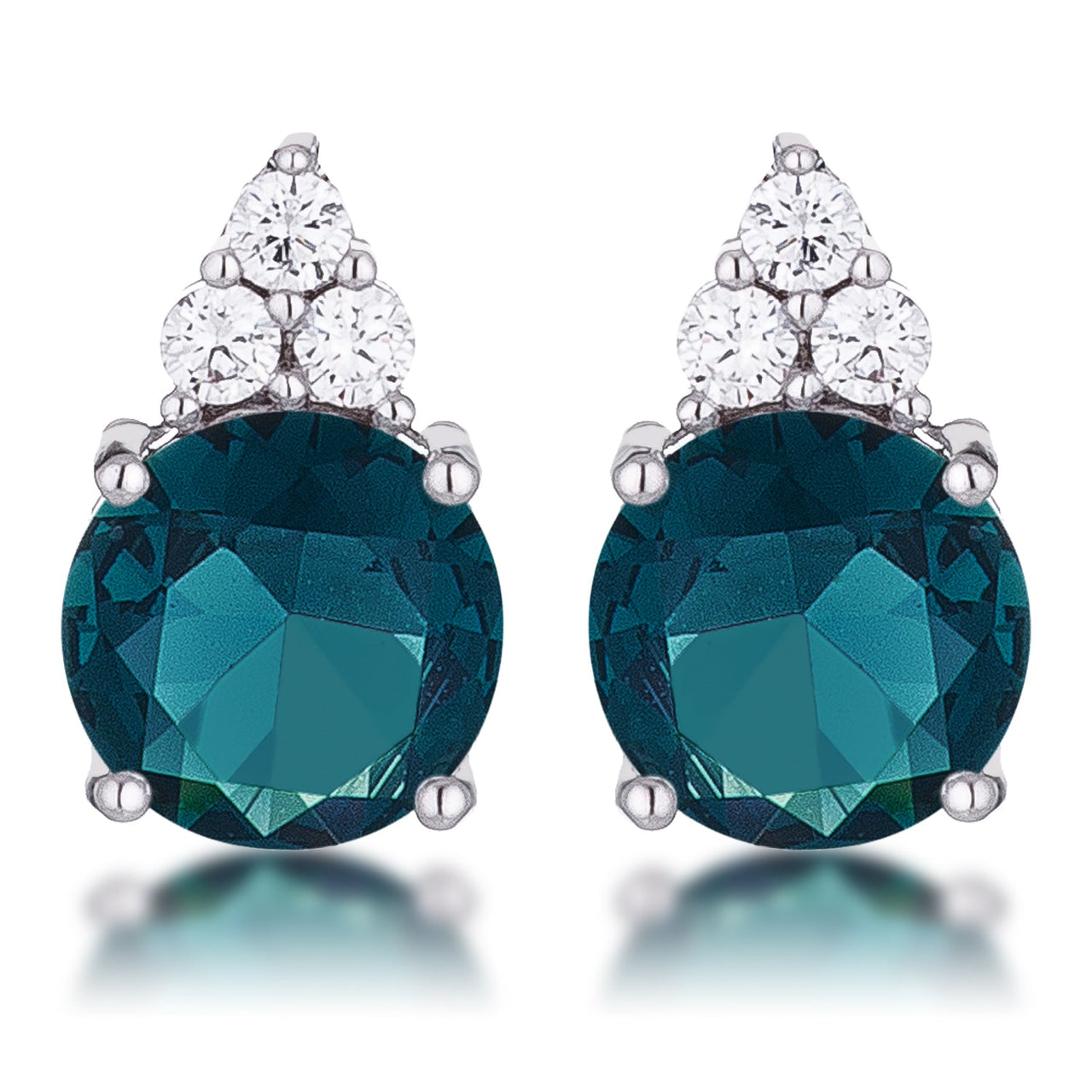 Simple Rhodium Plated 9mm Blue Green CZ Stud Earring