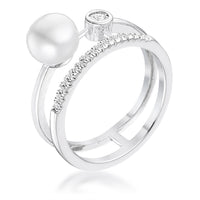 Thumbnail for .15Ct Rhodium Plated CZ and Freshwater Pearl Contemporary Double Band Ring