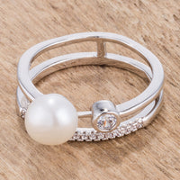 Thumbnail for .15Ct Rhodium Plated CZ and Freshwater Pearl Contemporary Double Band Ring