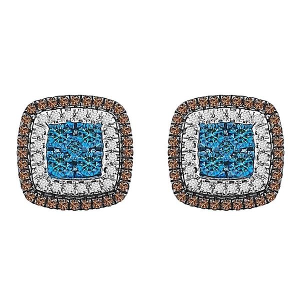 LADIES EARRINGS 3/4 CT WHITE/BLUE/CHOCOLATE ROUND DIAMOND 10K ROSE GOLD