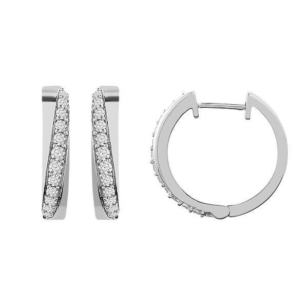 LADIES HOOPS EARRING 1/2 CT ROUND DIAMOND 10K WHITE GOLD