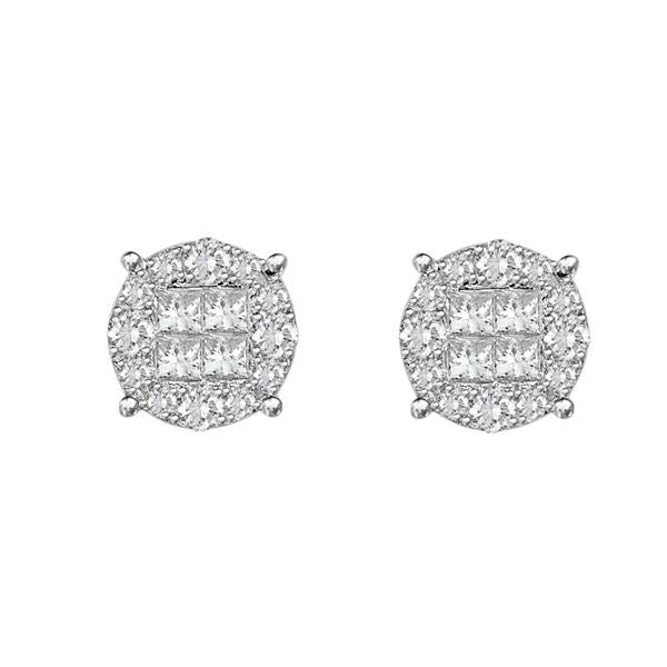 LADIES EARRINGS 1 1/2 CT ROUND/PRINCESS DIAMOND 14K WHITE GOLD
