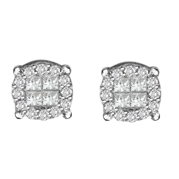 LADIES EARRINGS 3/4 CT ROUND/PRINCESS DIAMOND 14K WHITE GOLD