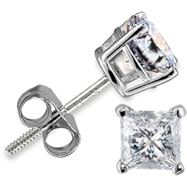 LADIES STUDS EARRINGS 1/6 CT PRINCESS DIAMOND 14K WHITE GOLD