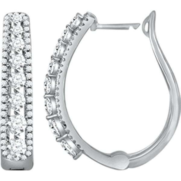 LADIES HOOPS EARRING 1 CT ROUND DIAMOND 10K WHITE GOLD