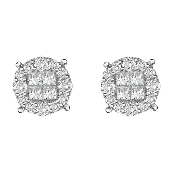 LADIES EARRINGS 2 CT ROUND/PRINCESS DIAMOND 14K WHITE GOLD