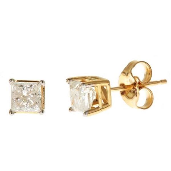 LADIES STUDS EARRINGS 1/6 CT PRINCESS DIAMOND 14K YELLOW GOLD