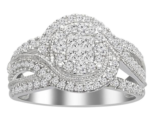 LADIES RING 1 CT ROUND/PRINCESS DIAMOND 14K WHITE GOLD