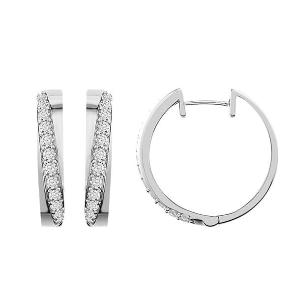 LADIES HOOPS EARRING 1 CT ROUND DIAMOND 10K WHITE GOLD