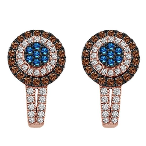 LADIES EARRINGS 1 CT WHITE/BLUE/CHOCOLATE ROUND DIAMOND 10K ROSE GOLD
