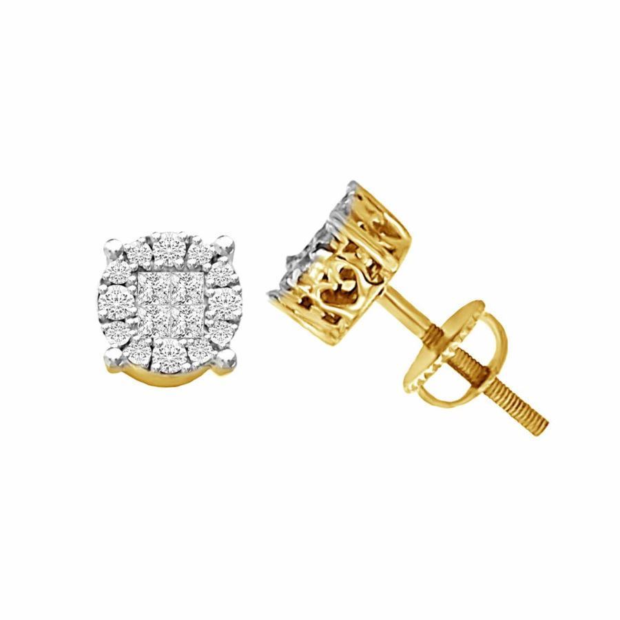 LADIES EARRINGS 3/4 CT ROUND/PRINCESS DIAMOND 14K YELLOW GOLD