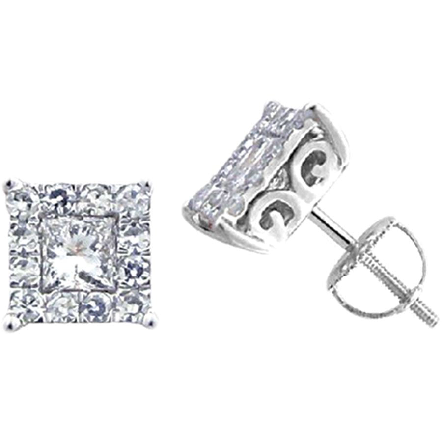 LADIES EARRINGS 1 CT ROUND/PRINCESS DIAMOND 14K WHITE GOLD