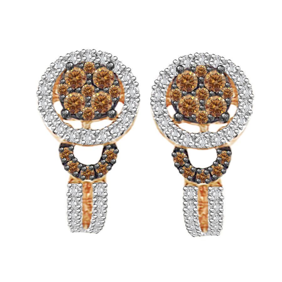 LADIES EARRINGS 7/8 CT WHITE/CHOCOLATE ROUND DIAMOND 14K ROSE GOLD