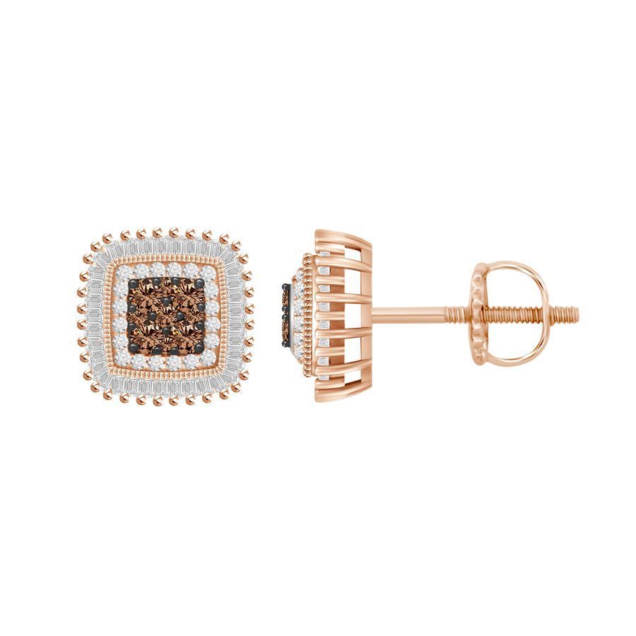 LADIES EARRINGS 1/2 CT WHITE/CHOCOLATE ROUND/BAGUETTE DIAMOND 10K ROSE GOLD