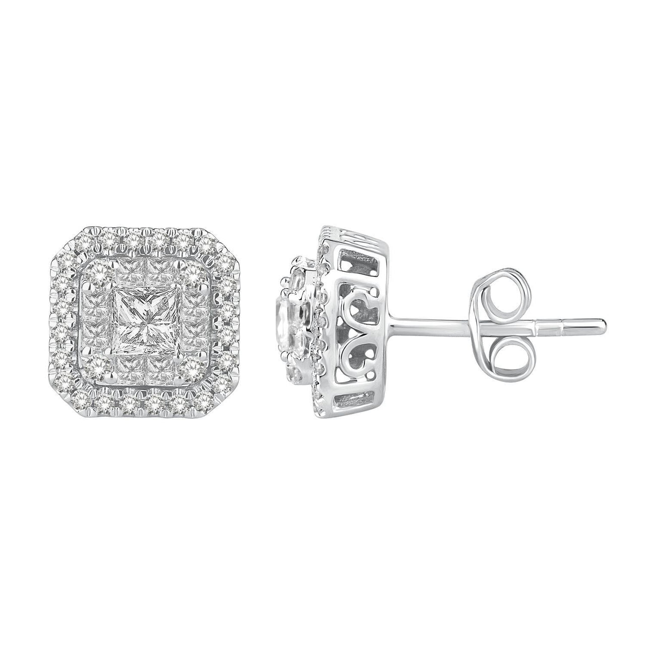LADIES EARRINGS 1 1/4 CT ROUND/PRINCESS DIAMOND 14K WHITE GOLD