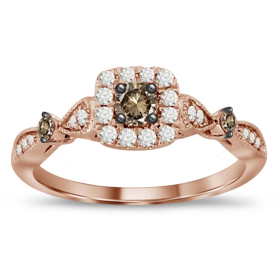 LADIES RING 1/2 CT WHITE/CHOCOLATE ROUND DIAMOND 10K ROSE GOLD