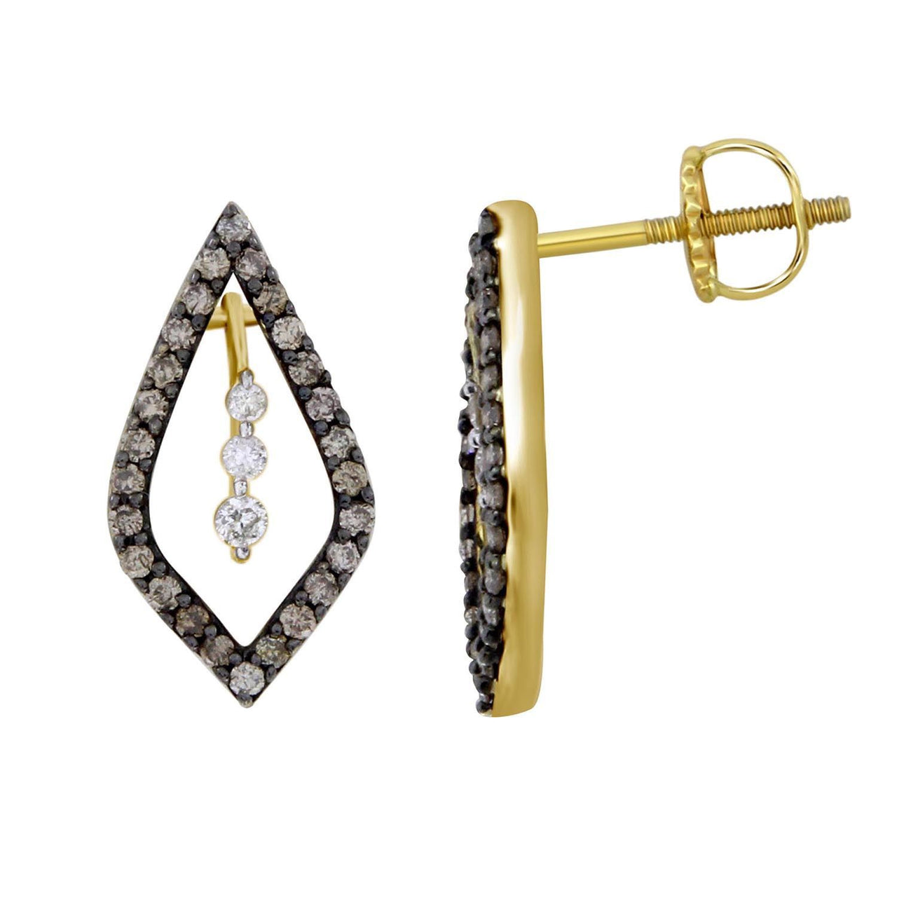 LADIES EARRINGS 1/2 CT WHITE/CHOCOLATE ROUND DIAMOND 10K YELLOW GOLD