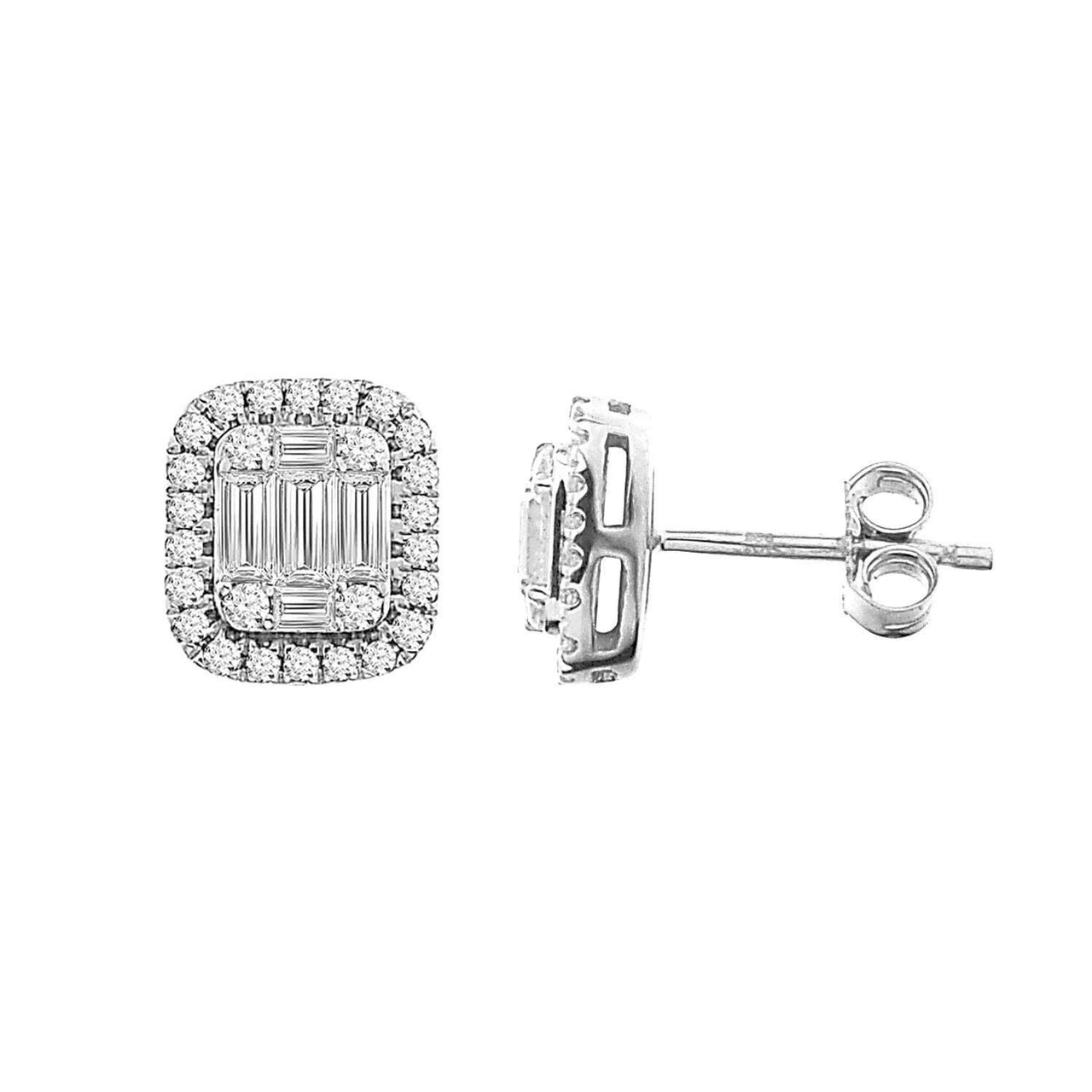 LADIES EARRINGS 3/4 CT ROUND/BAGUETTE DIAMOND 14K WHITE GOLD