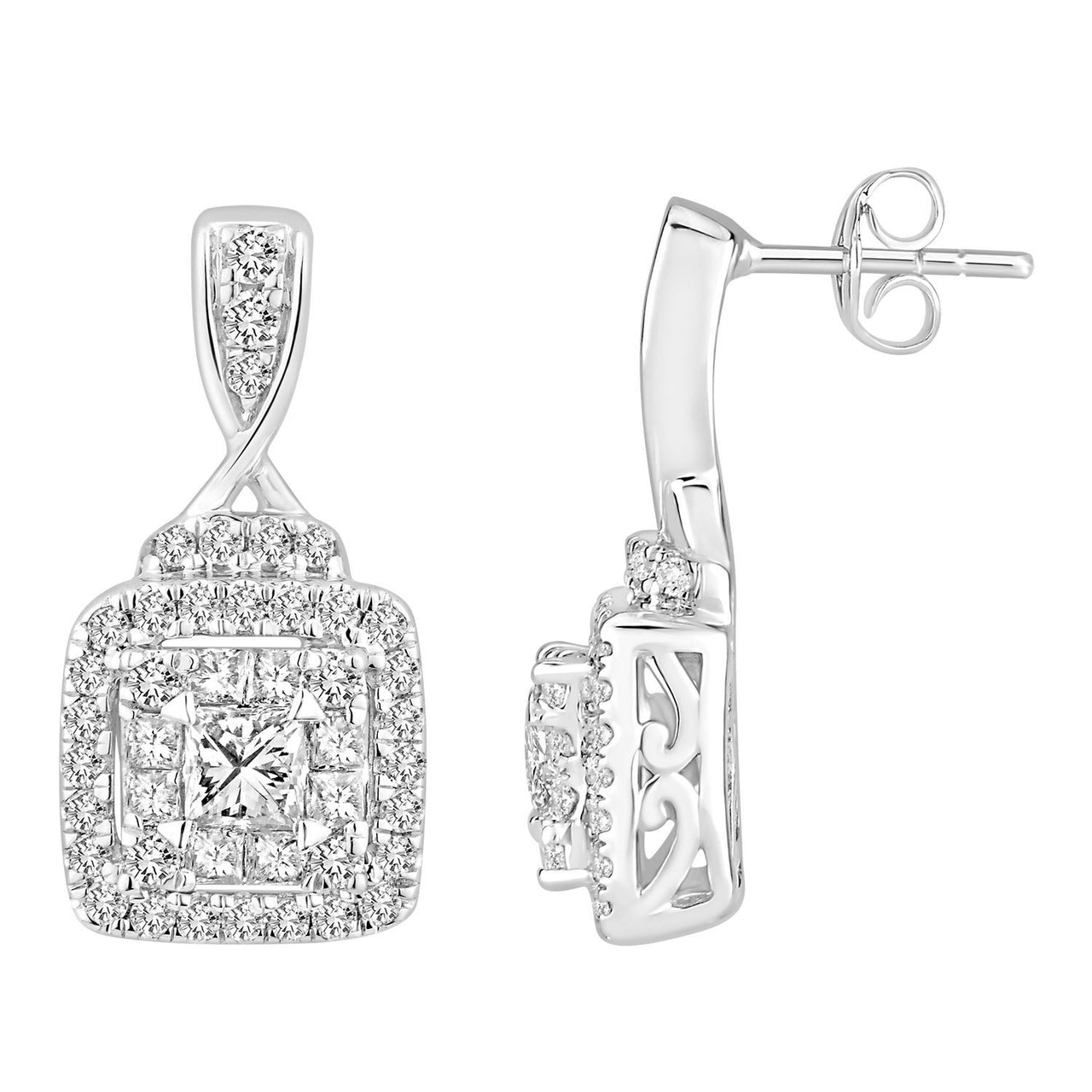 LADIES EARRINGS 1 CT ROUND/PRINCESS DIAMOND 14K WHITE GOLD