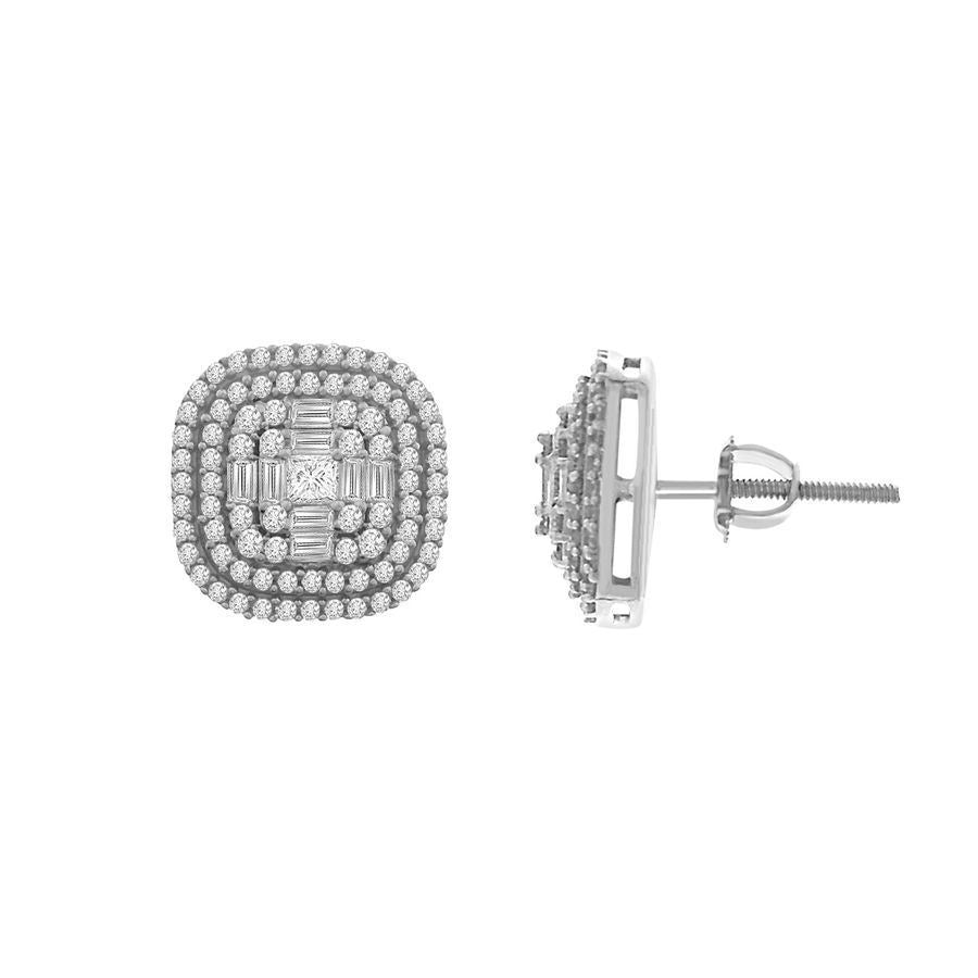 LADIES EARRINGS 3/4 CT ROUND/PRINCESS/BAGUETT DIAMOND 14K WHITE GOLD