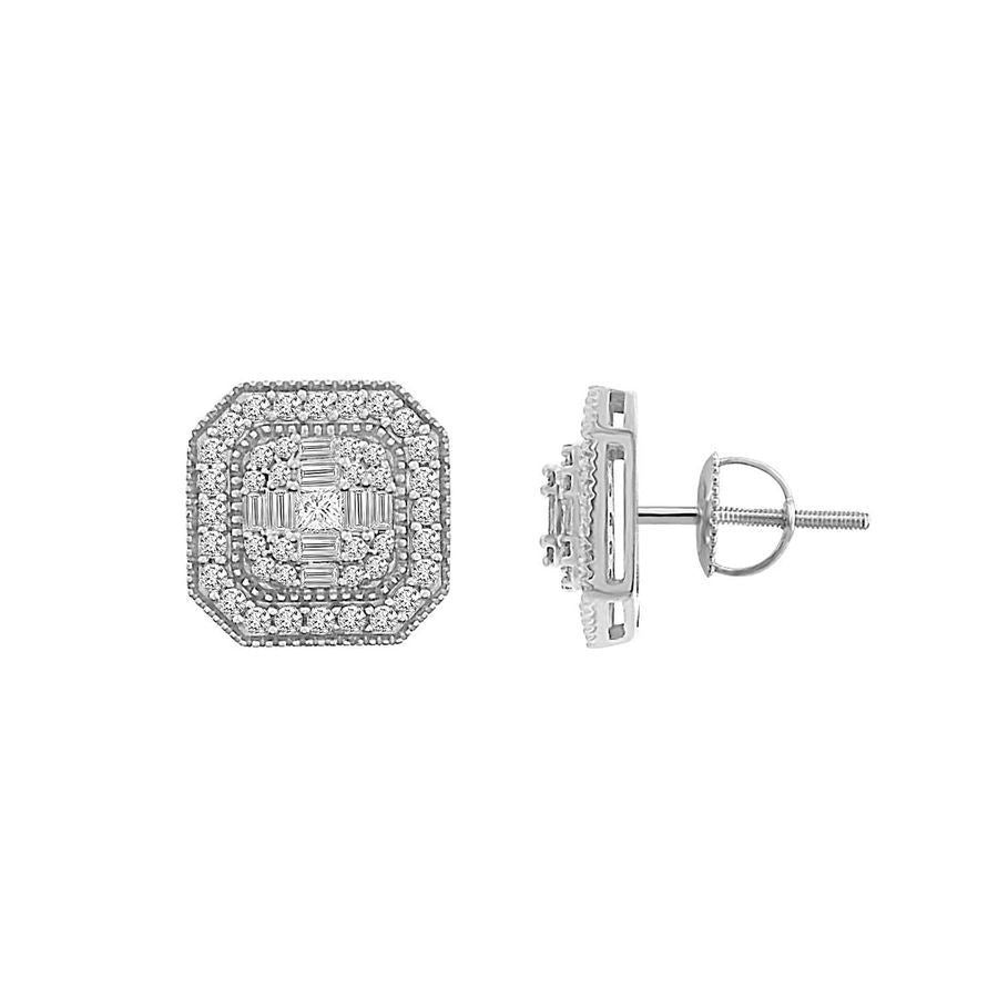 LADIES EARRINGS 3/4 CT ROUND/PRINCESS/BAGUETTE DIAMOND 14K WHITE GOLD
