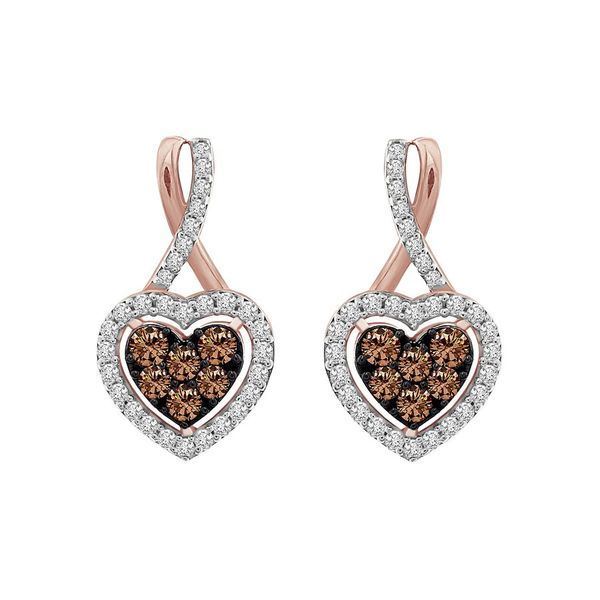 LADIES EARRINGS 3/4 CT CHOCOLATE/WHITE ROUND DIAMOND 10K ROSE GOLD