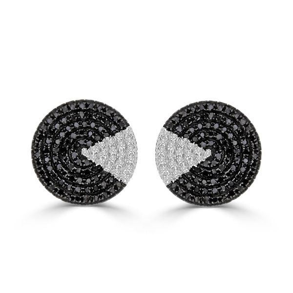 LADIES EARRINGS 3/4 CT BLACK/WHITE ROUND DIAMOND SILVER