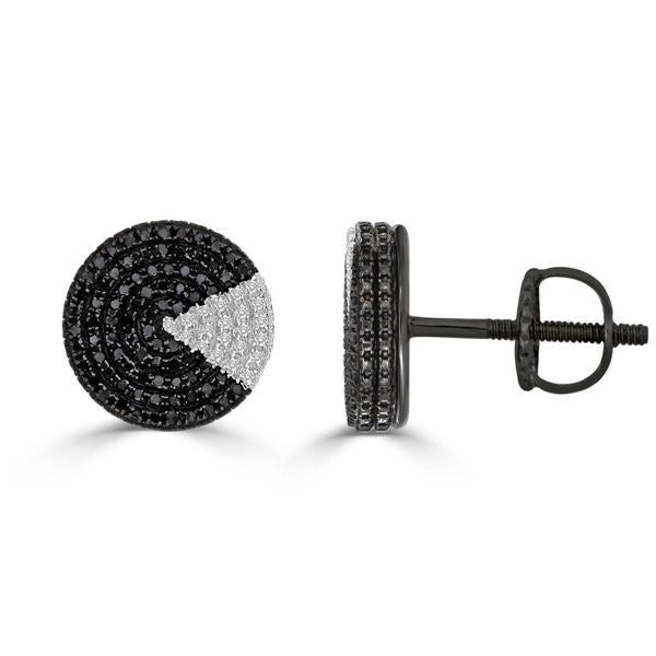 LADIES EARRINGS 3/4 CT BLACK/WHITE ROUND DIAMOND SILVER