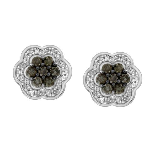 LADIES EARRINGS 1/3 CT WHITE/CHOCOLATE ROUND DIAMOND 10K WHITE GOLD
