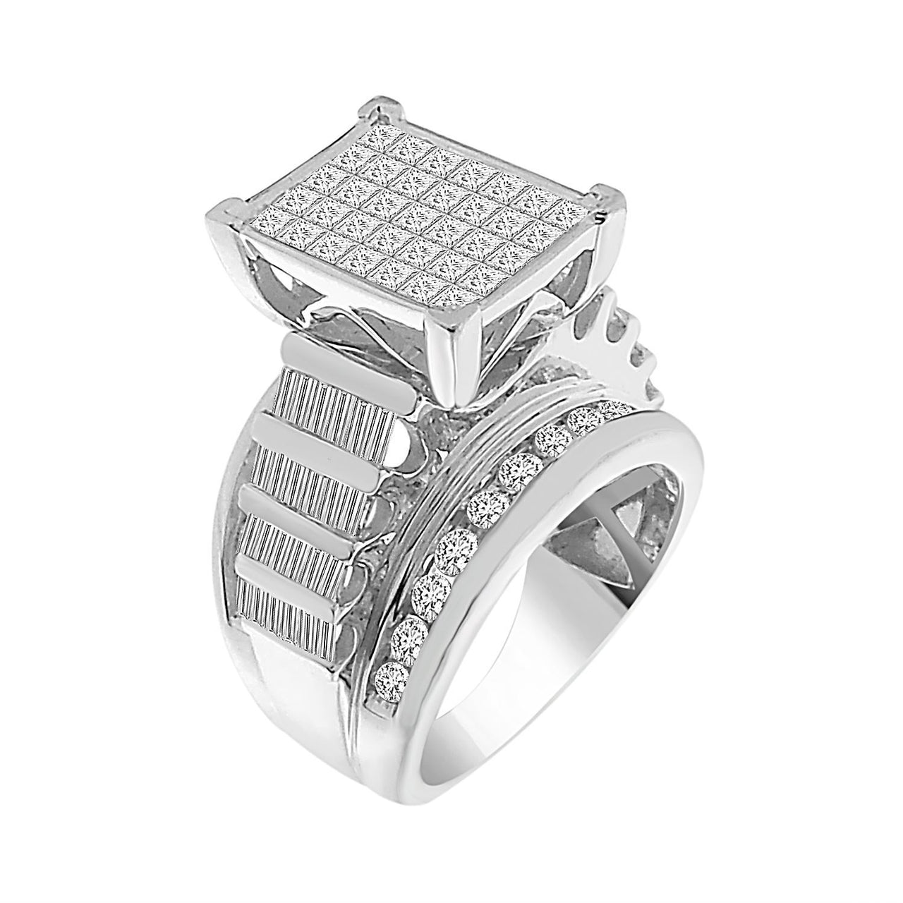 LADIES RING 3 CT ROUND/PRINCESS/BAGUETTE DIAMOND 10K WHITE GOLD