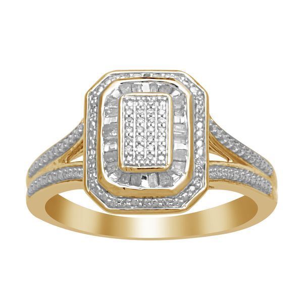 LADIES RING 1/6 CT ROUND/BAGUETTE DIAMOND 10K YELLOW GOLD