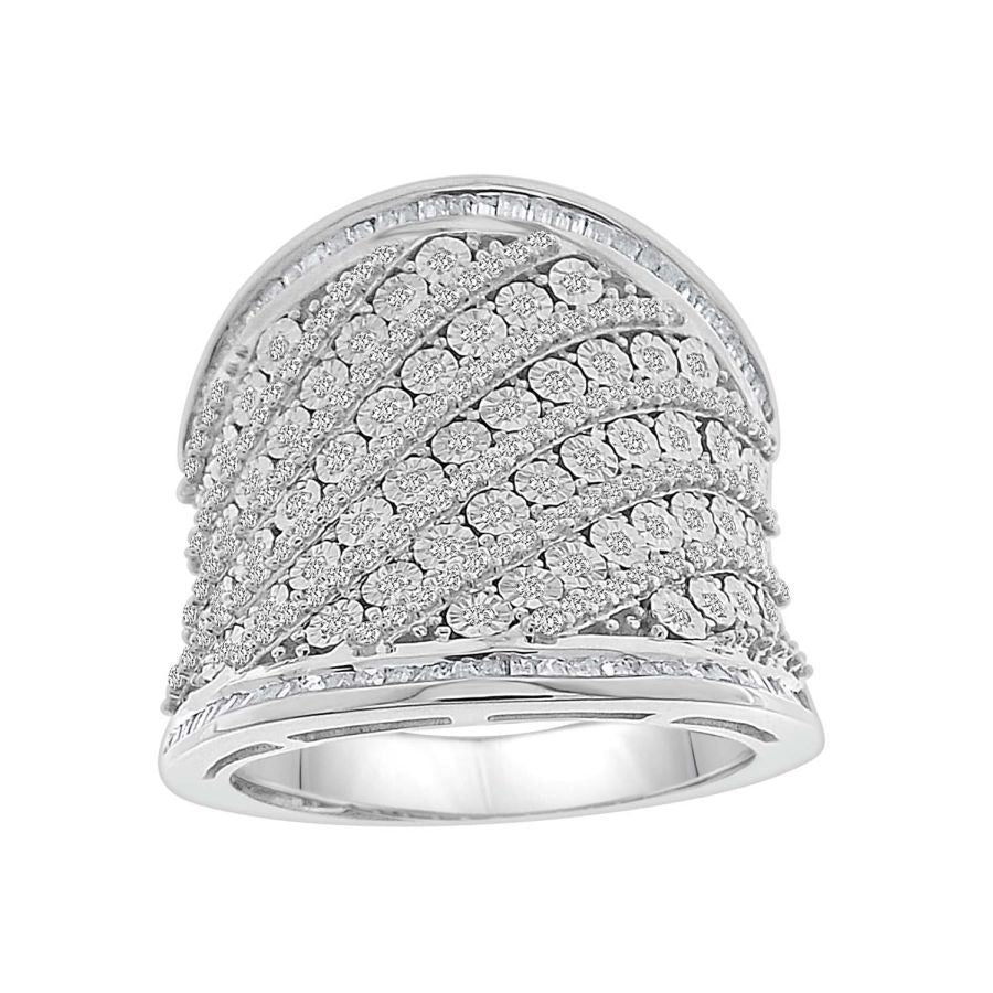 LADIES RING 1 CT ROUND/BAGUETTE DIAMOND 10K WHITE GOLD