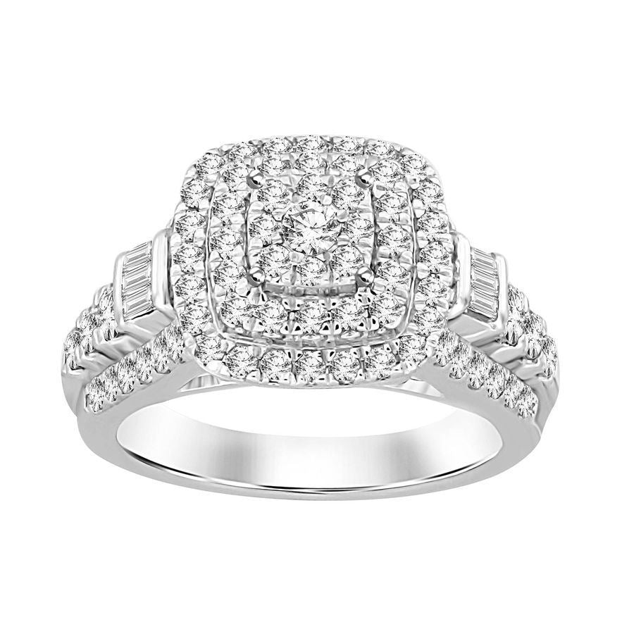 LADIES RING 1 1/2 CT ROUND/BAGUETTE DIAMOND 10K WHITE GOLD