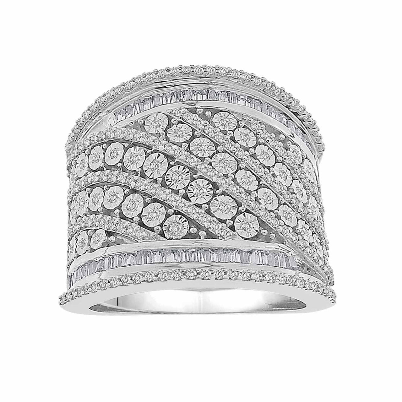 LADIES RING 1 CT ROUND/BAGUETTE DIAMOND SILVER