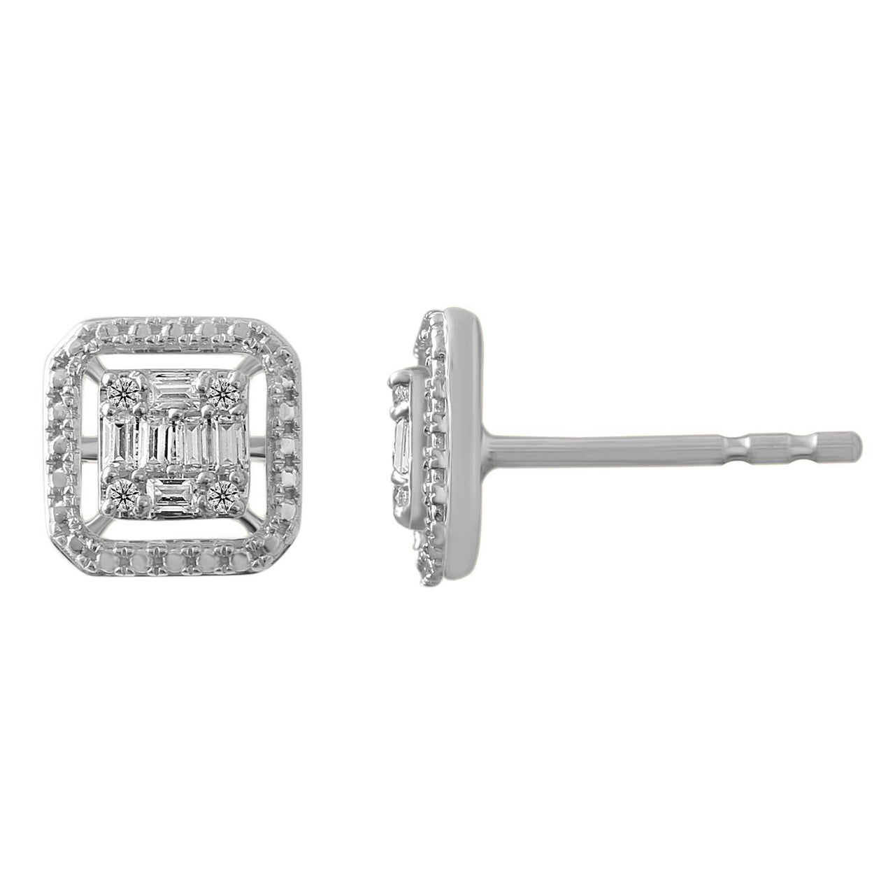 LADIES EARRING 1/6 CT ROUND/BAGUETTE DIAMOND 10K WHITE GOLD
