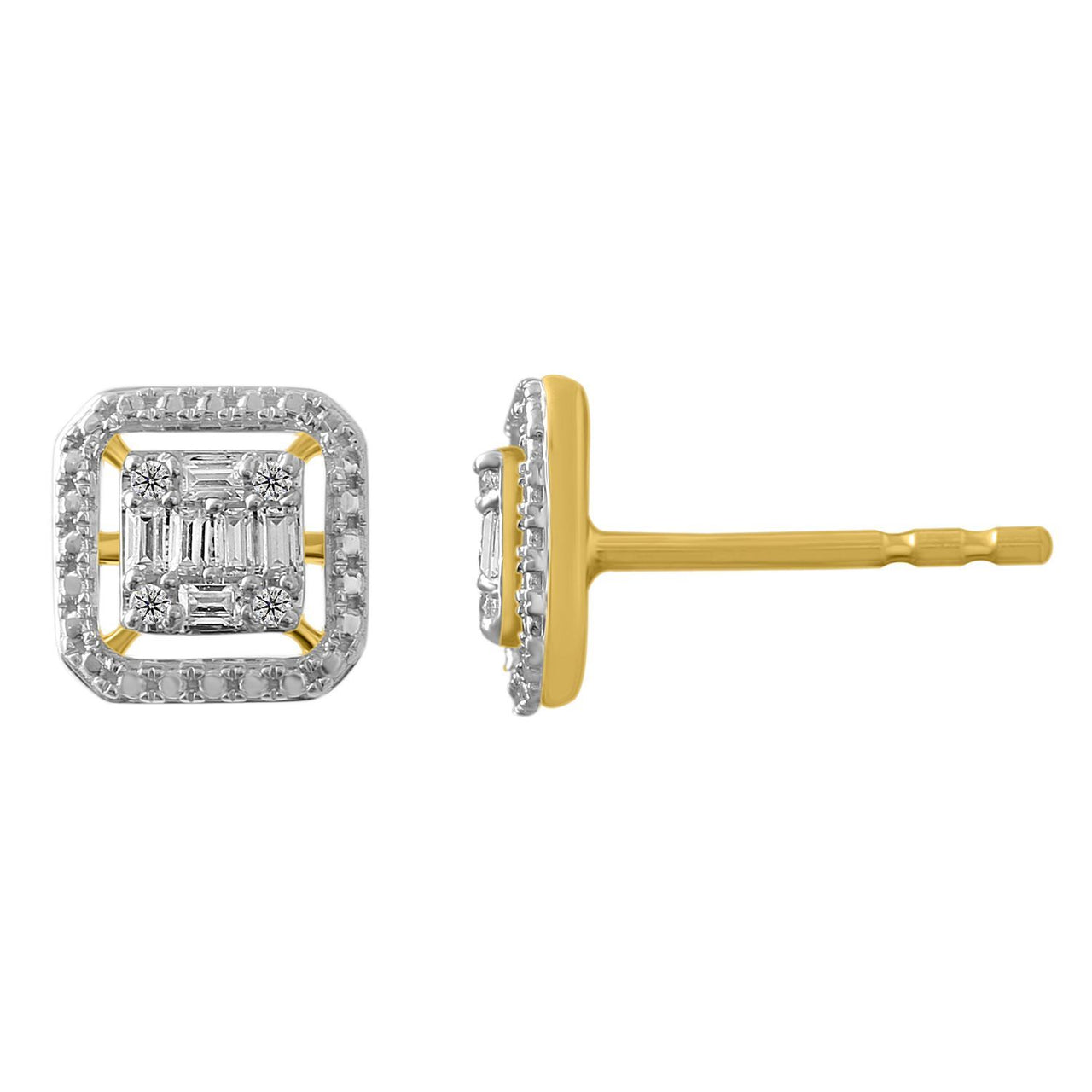 LADIES EARRING 1/6 CT ROUND/BAGUETTE DIAMOND 10K YELLOW GOLD