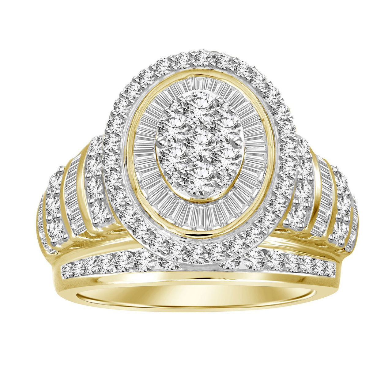 LADIES RING 2 CT ROUND/BAGUETTE DIAMOND 10K YELLOW GOLD