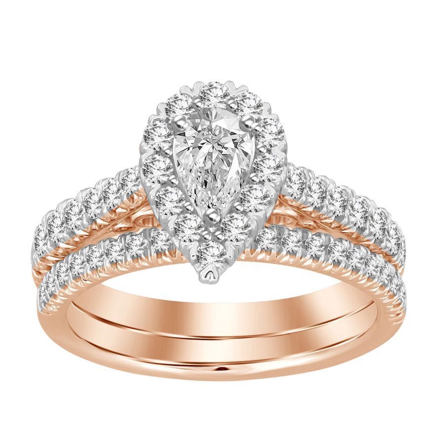 LADIES BRIDAL RING SET 1 CT ROUND/PEAR DIAMOND 14K ROSE GOLD