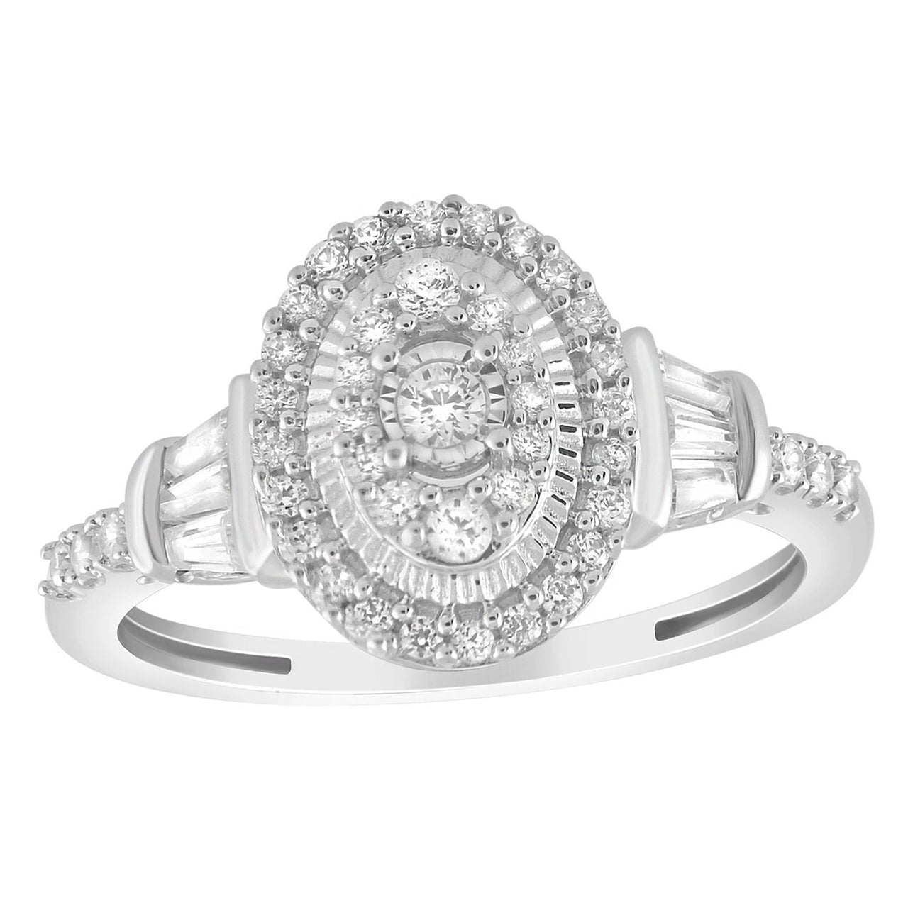 LADIES DIAMOND RING 1/2 CT ROUND/BAGUETTE DIAMOND 10K WHITE GOLD