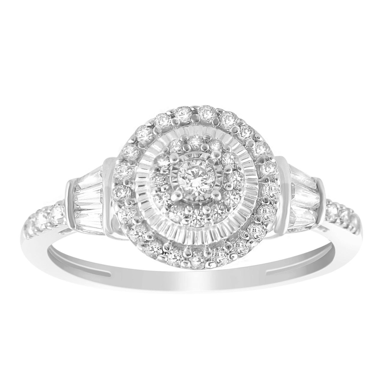 LADIES DIAMOND RING 1/2 CT ROUND/BAGUETTE DIAMOND 10K WHITE GOLD