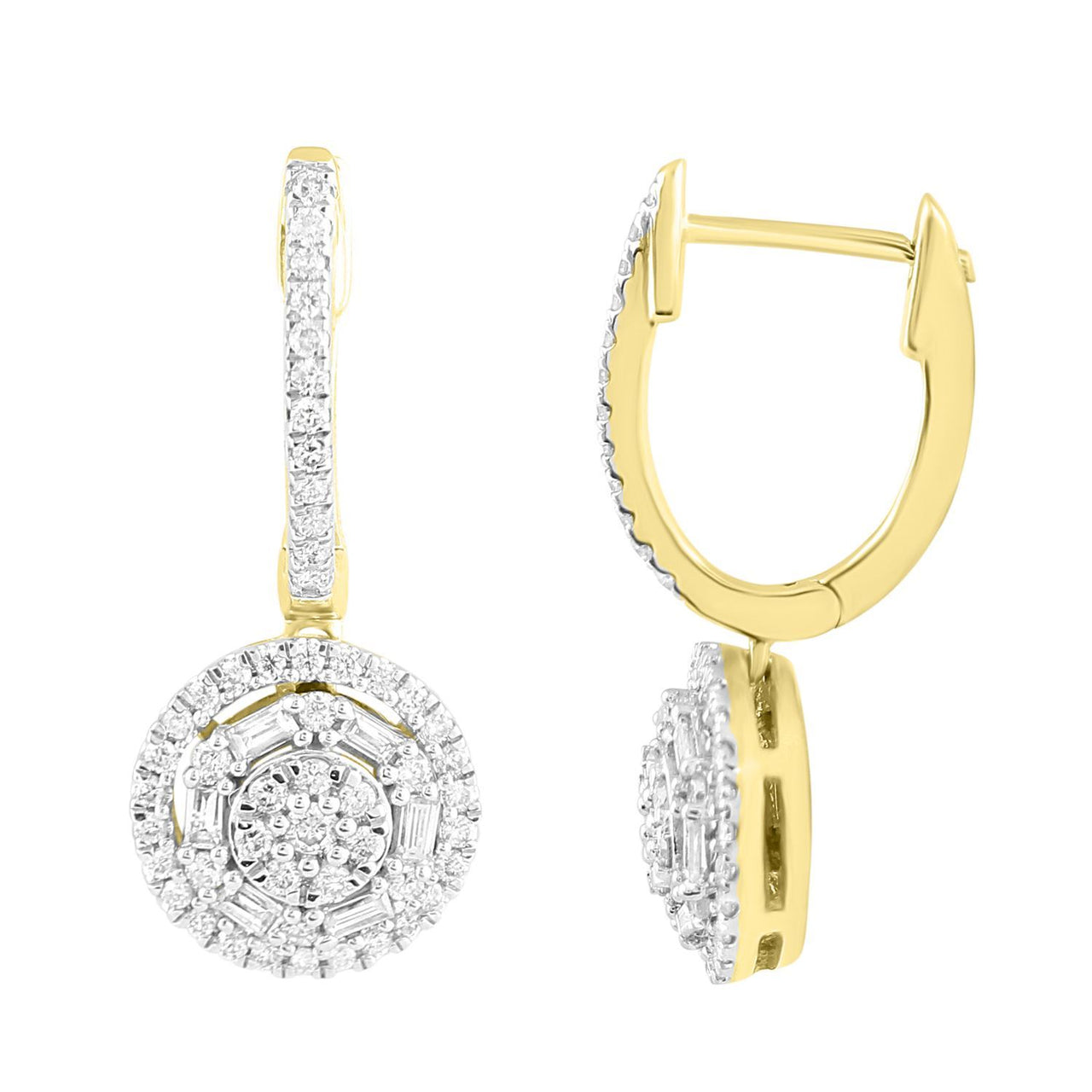 LADIES DIAMOND EARRING 1/2 CT ROUND/BAGUETTE DIAMOND 10K YELLOW GOLD