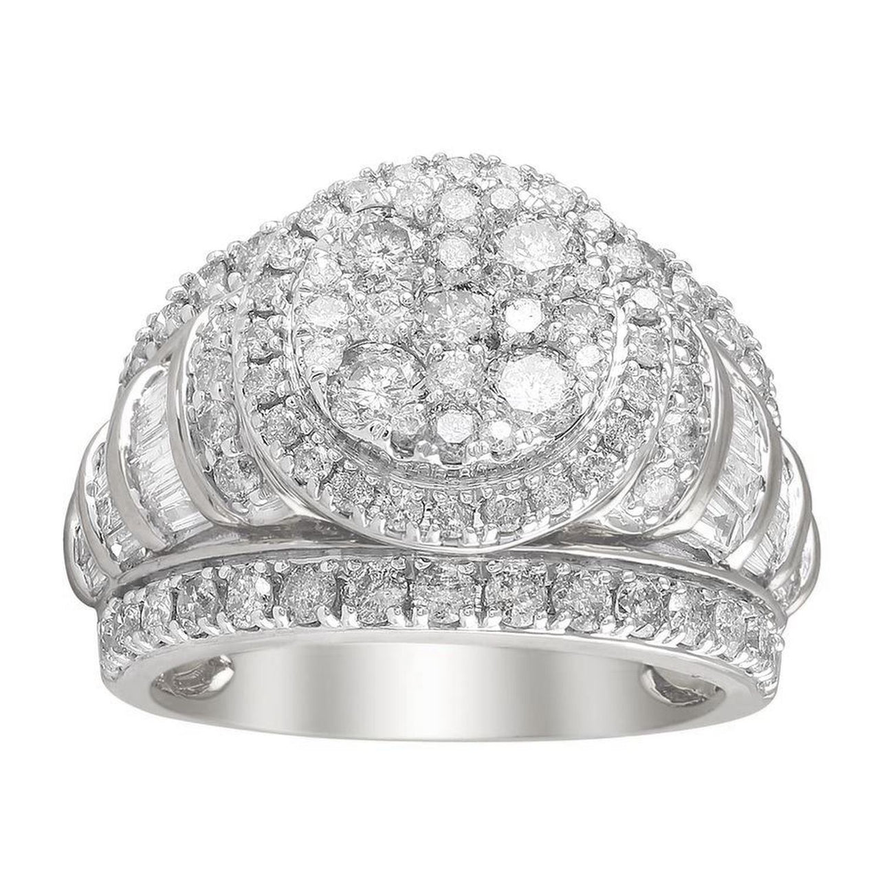LADIES RING 3 CT ROUND/BAGUETTE DIAMOND 10K WHITE GOLD