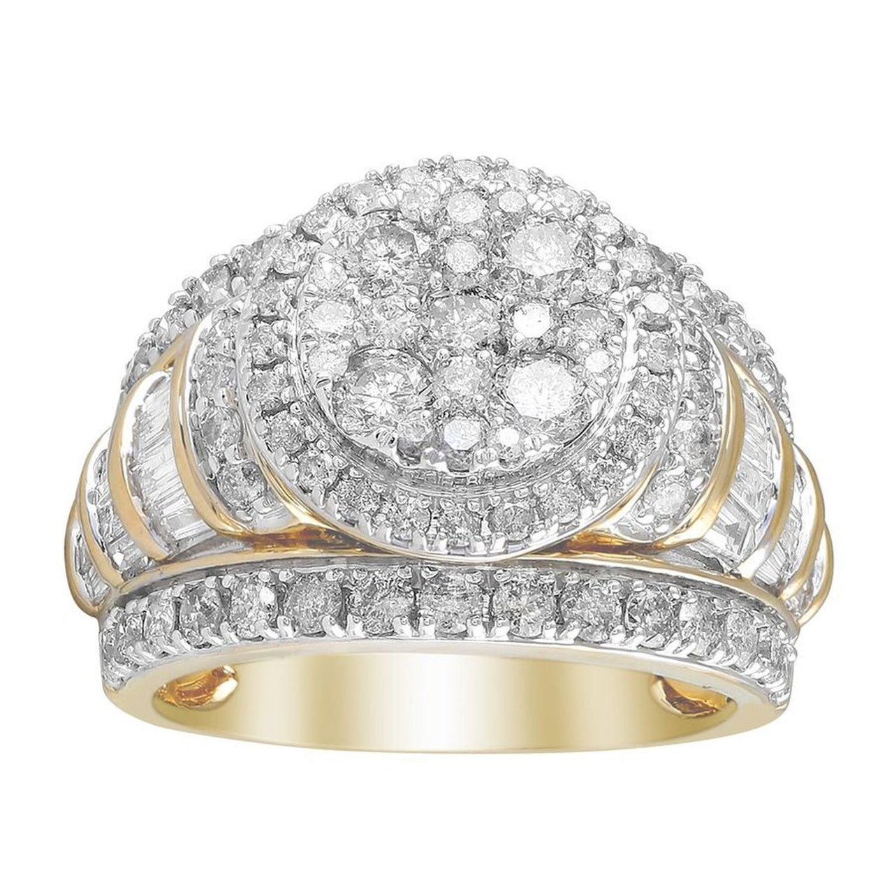 LADIES RING 3 CT ROUND/BAGUETTE DIAMOND 10K YELLOW GOLD
