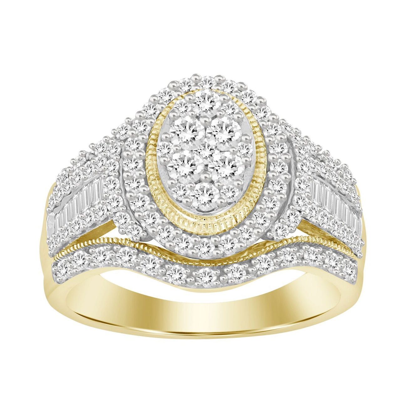 LADIES RING 1 CT ROUND/BAGUETTE DIAMOND 10K YELLOW GOLD