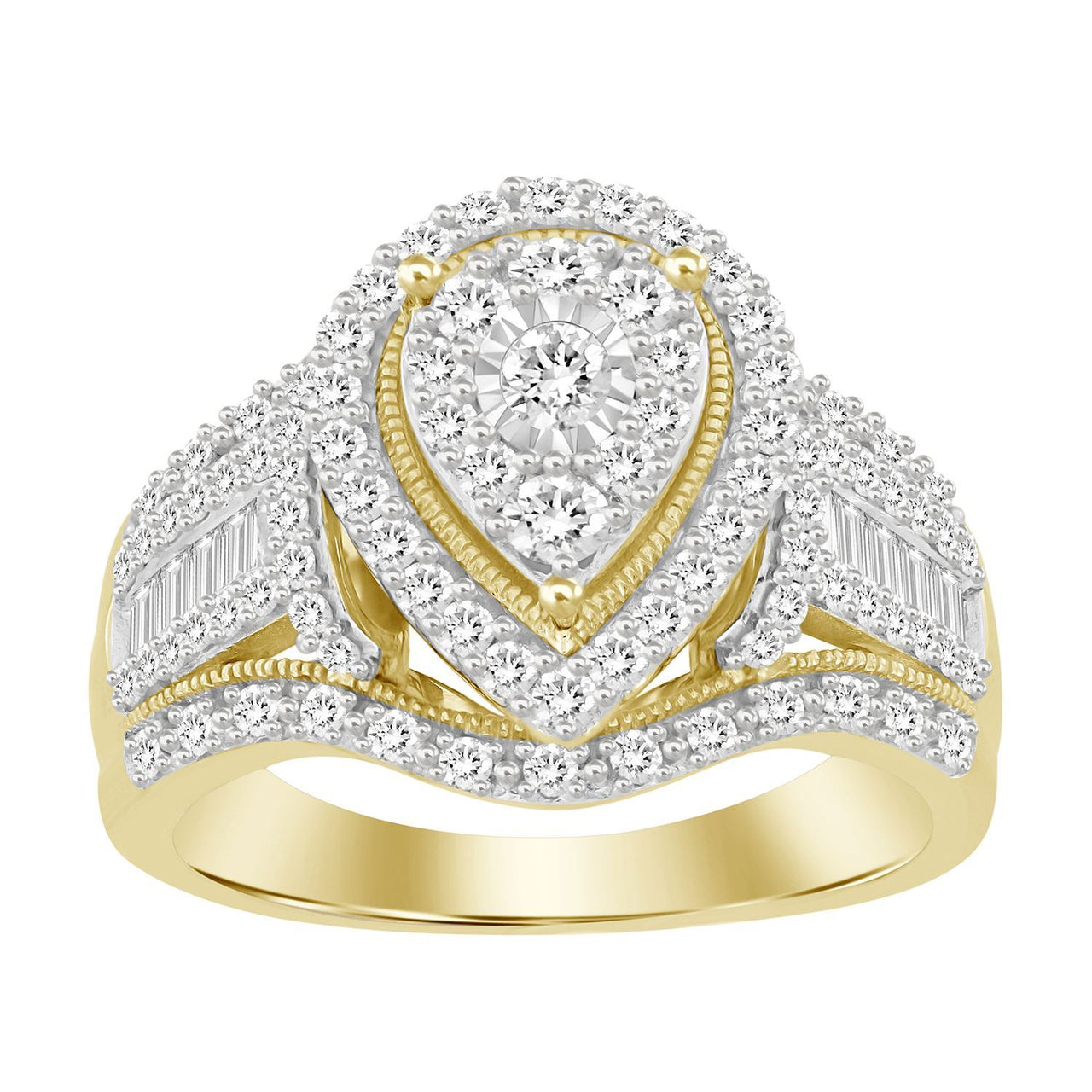 LADIES RING 1 CT ROUND/BAGUETTE DIAMOND 10K YELLOW GOLD