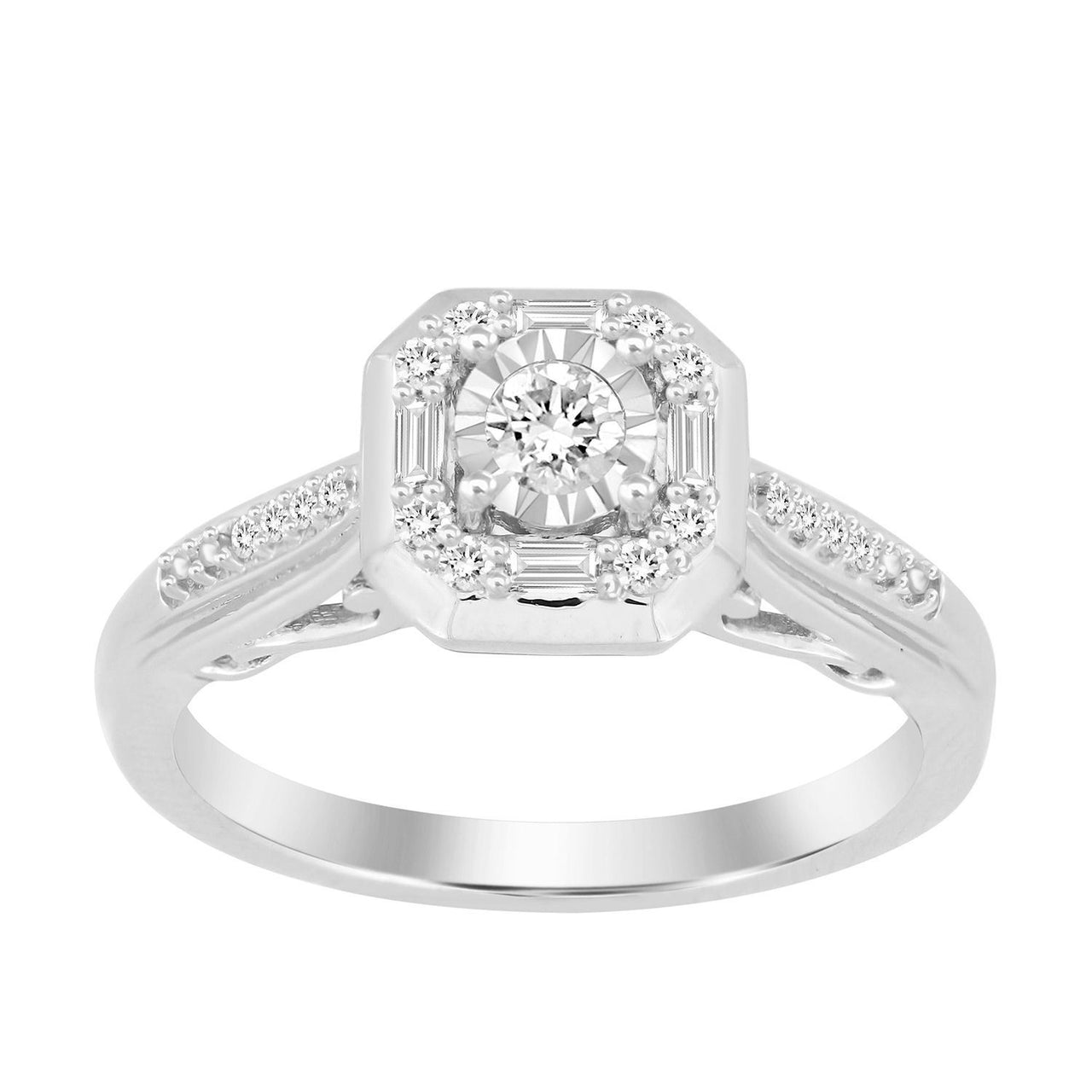 LADIES RING 1/4 CT ROUND/BAGUETTE DIAMOND 10K WHITE GOLD