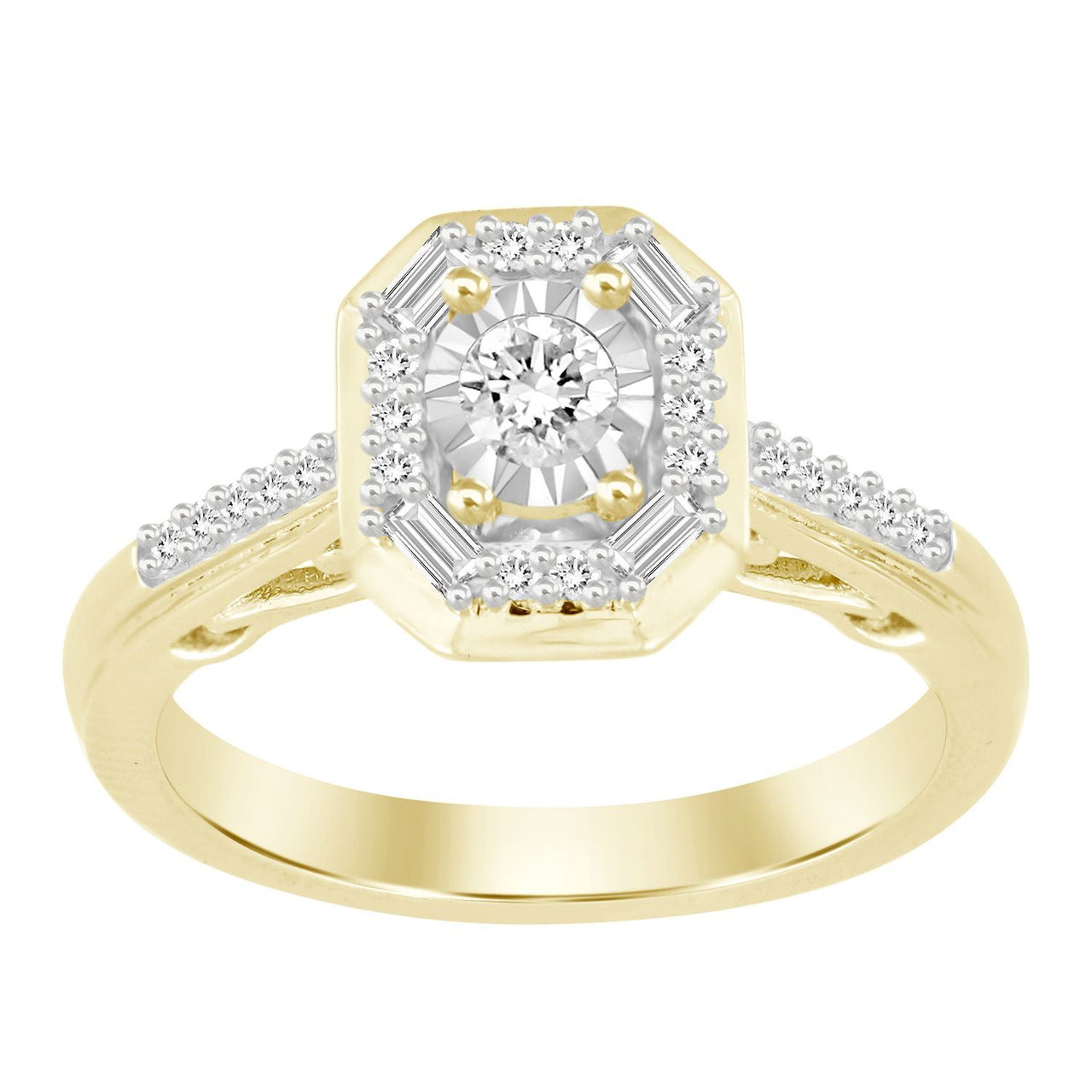 LADIES RING 1/4 CT ROUND/BAGUETTE DIAMOND 10K YELLOW GOLD